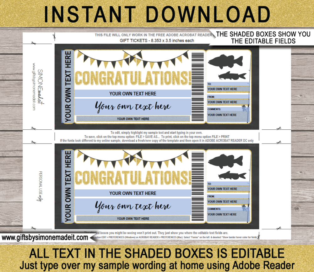 Congratulations Fishing Trip Ticket Template | Printable Gift Idea | Voucher Certificate Card | DIY with Editable Text | INSTANT DOWNLOAD via www.giftsbysimonemadeit.com