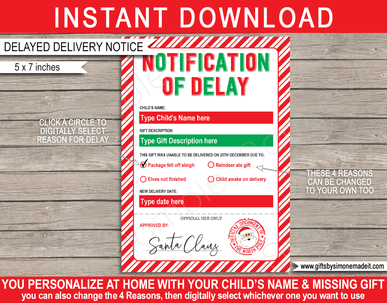 Delayed Santa Gift Letter Template | Late Christmas Gift from Santa Notification from the North Pole | Your Gift is on it's Way Card | INSTANT DOWNLOAD via giftsbysimonemadeit.com