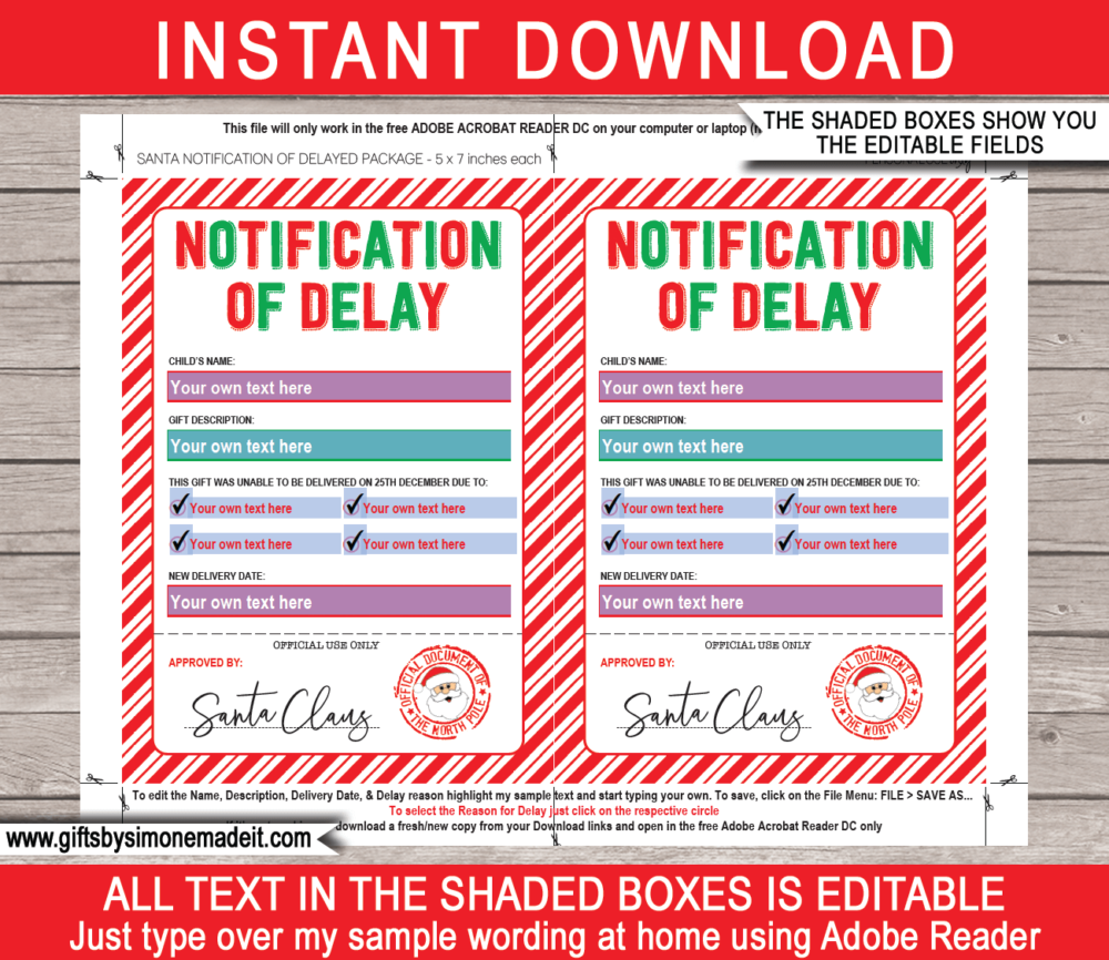 Delayed Santa Gift Letter Template | Late Christmas Gift from Santa Notification from the North Pole | Your Gift is on it's Way Card | INSTANT DOWNLOAD via giftsbysimonemadeit.com