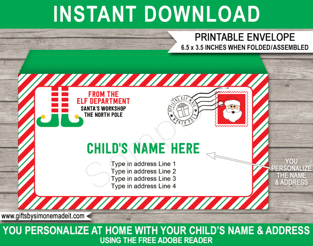 Printable Envelope from the Elf Department Template | Elf on the Shelf | Santa's Workshop North Pole | Personalized Christmas Gift | DIY Editable Text | Last Minute Christmas gift | Kids and Family | Instant Download via giftsbysimonemadeit.com