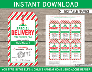Printable Elf on the Shelf Gift Tags Template | Special Delivery from the North Pole | Christmas Treat Labels | Hot Cocoa Bombs, Chocolate, Elf Kisses | Custom Tags from Santa's Workshop | DIY Editable Text | INSTANT DOWNLOAD via giftsbysimonemadeit.com
