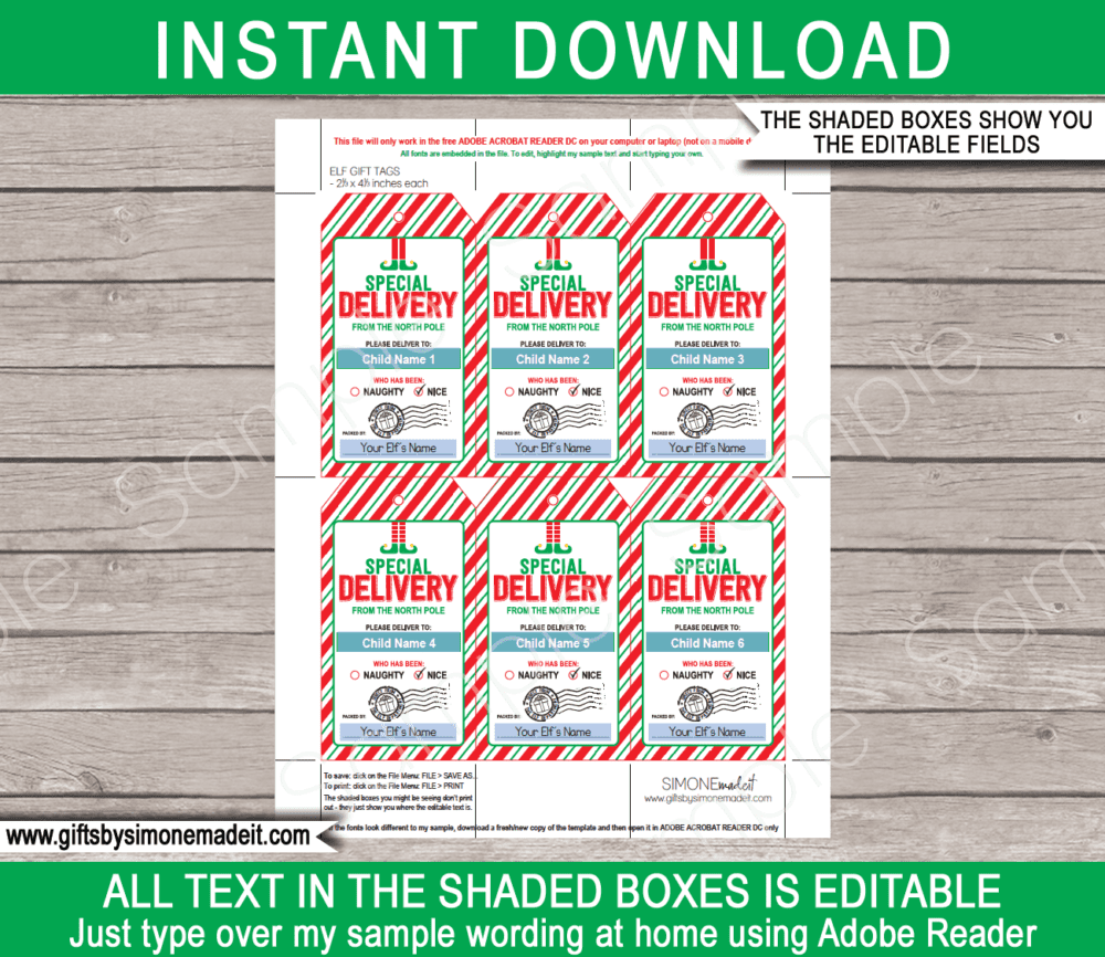 Printable Elf on the Shelf Gift Tags Template | Special Delivery from the North Pole | Christmas Treat Labels | Custom Tags from Santa's Workshop | DIY Editable Text | INSTANT DOWNLOAD via giftsbysimonemadeit.com