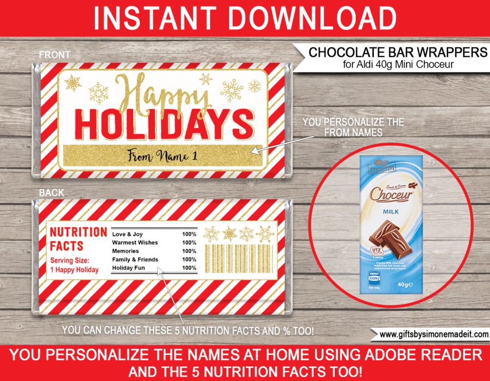 Printable Holiday Chocolate Bar Wrappers Template | ​Aldi 40g Mini Choceur Label | Easy Gift Idea for Family, Kids, School Class, Classroom | DIY with Editable Text | INSTANT DOWNLOAD via giftsbysimonemadeit.com