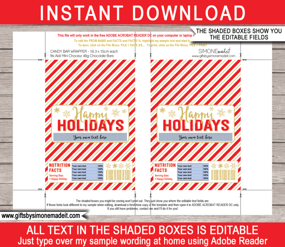 Printable Holiday Chocolate Bar Wrappers Template | ​Aldi 40g Mini Choceur Label | Easy Gift Idea for Family, Kids, School Class, Classroom | DIY with Editable Text | INSTANT DOWNLOAD via giftsbysimonemadeit.co