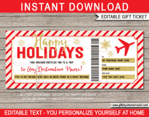Holiday Plane Ticket Voucher Template | Printable Boarding Pass Gift | Surprise Trip Reveal Gift Idea | DIY Fake Plane Ticket with Editable Text | INSTANT DOWNLOAD via giftsbysimonemadeit.com