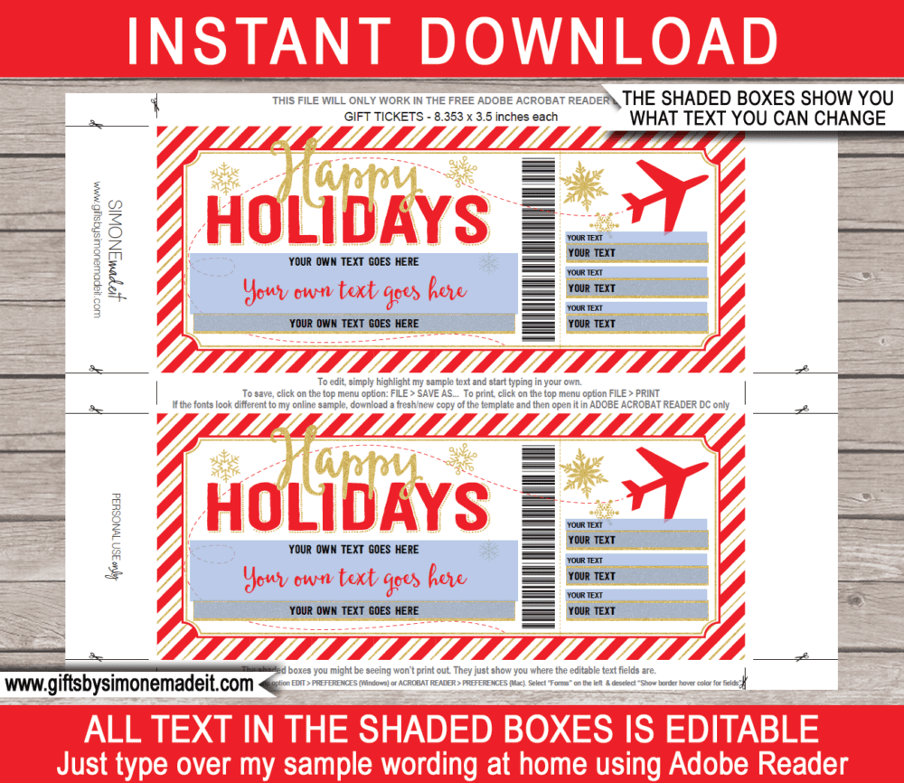 Holiday Plane Ticket Voucher Template | Printable Boarding Pass Gift | Surprise Trip Reveal Gift Idea | DIY Fake Plane Ticket with Editable Text | INSTANT DOWNLOAD via giftsbysimonemadeit.com