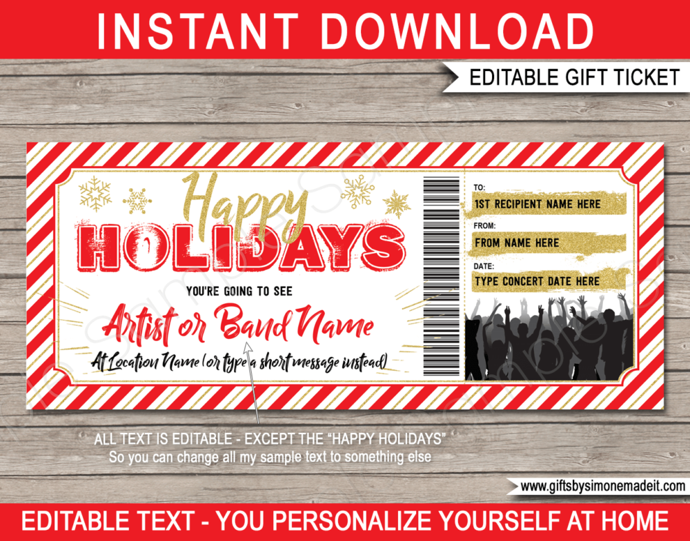 Holiday Rock Concert Ticket Template | Band, Artist, Performance, Gig Gift Voucher / Certificate | DIY Printable with Editable Text | Last Minute Gift | Instant Download via giftsbysimonemadeit.com