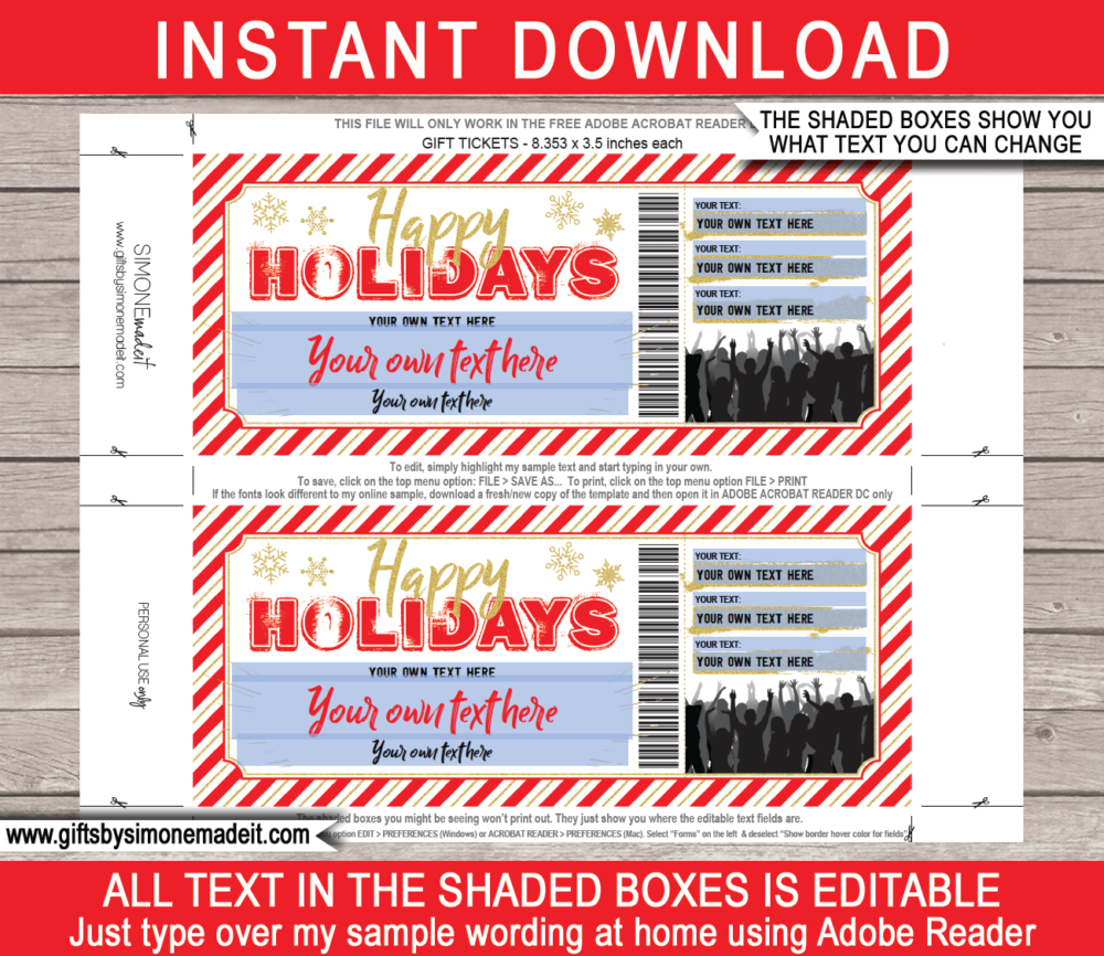 Holiday Rock Concert Ticket Template | Band, Artist, Performance, Gig Gift Voucher / Certificate | DIY Printable with Editable Text | Last Minute Gift | Instant Download via giftsbysimonemadeit.com