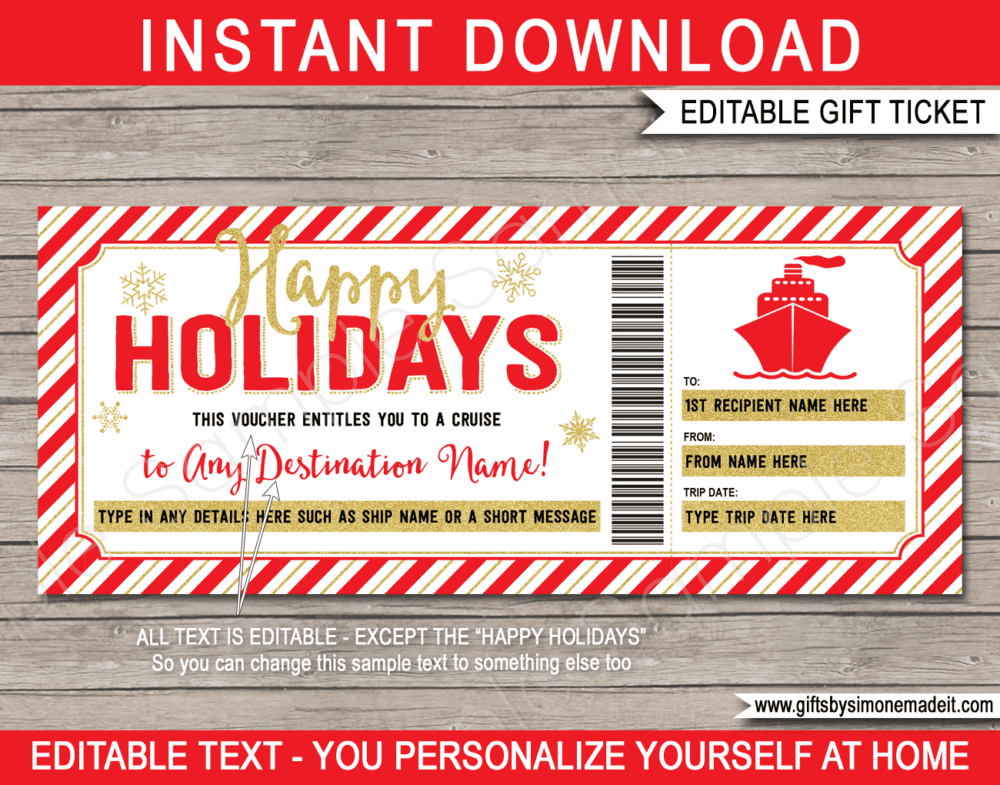 Holiday Surprise Cruise Voucher Template | Boarding Pass Gift Ticket | DIY Editable Text PDF | Christmas Vacation, Trip Reveal Idea | INSTANT DOWNLOAD via giftsbysimonemadeit.com