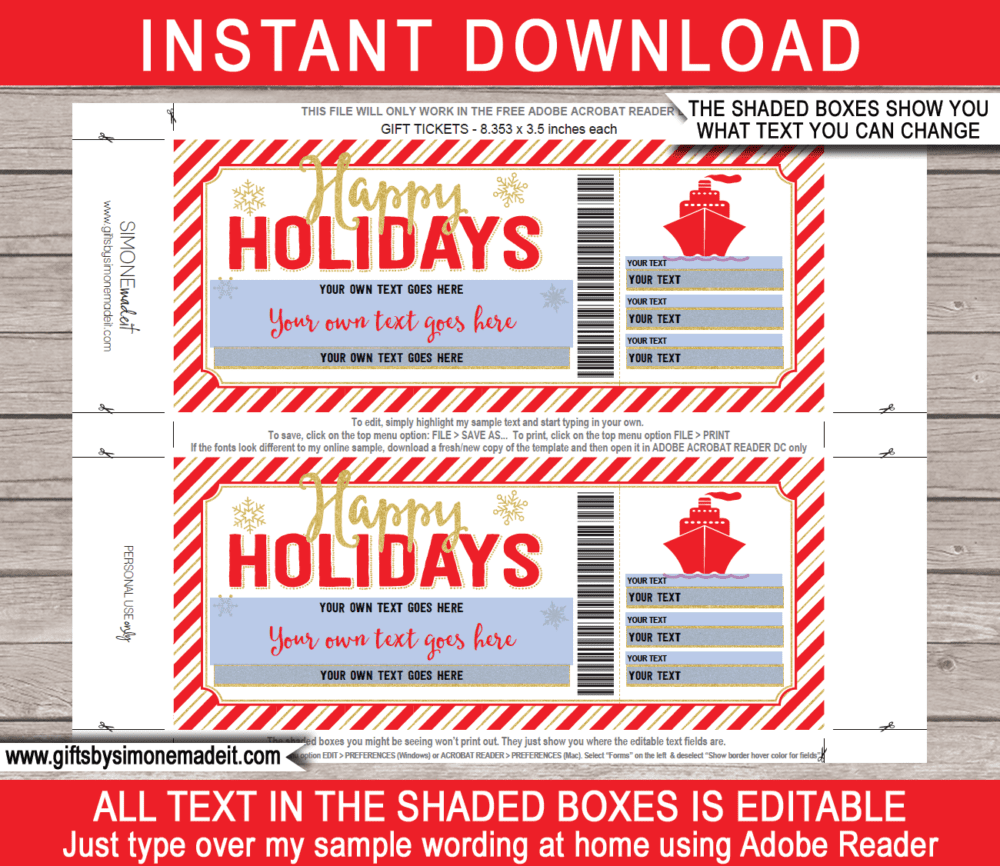 Holiday Surprise Cruise Voucher Template | Boarding Pass Gift Ticket | DIY Editable Text PDF | Christmas Vacation, Trip Reveal Idea | INSTANT DOWNLOAD via giftsbysimonemadeit.com