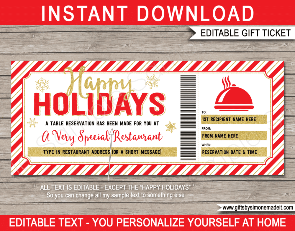 Holiday Dining Out Gift Voucher Template | Printable Restaurant Certificate | Table Reservation, Meal Delivery Card | DIY Printable with Editable Text | INSTANT DOWNLOAD via giftsbysimonemadeit.com
