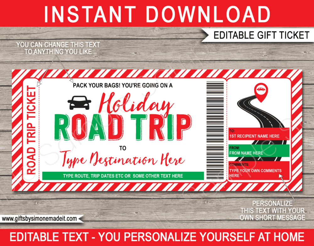 Holiday Road Trip Reveal Template | Editable & Printable Gift Tickets | DIY Christmas Gift Idea | Xmas Present | Driving Holiday | INSTANT DOWNLOAD via giftsbysimonemadeit.com