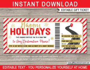 Holiday Surprise Road Trip Ticket Template | Printable Gift Voucher Certificate | Driving Journey by Car, RV, Motorhome, Motorbike | DIY with Editable Text | INSTANT DOWNLOAD via giftsbysimonemadeit.com