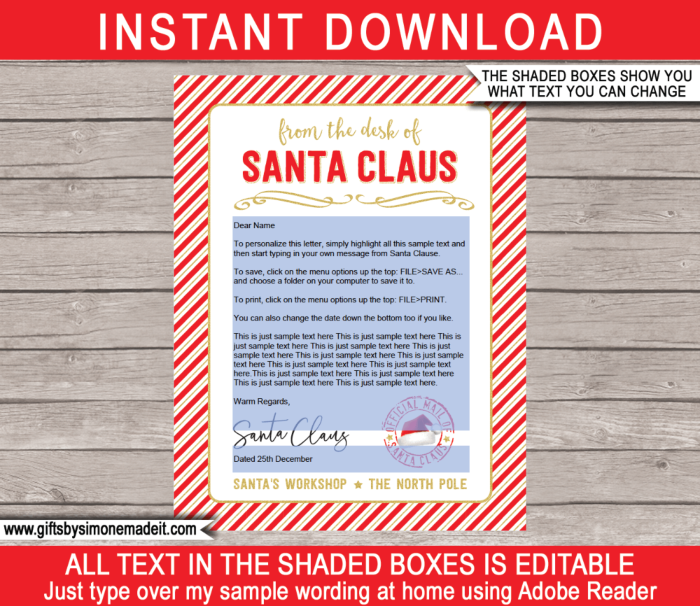 From Santa Letter Printable Template | Red & Gold | Santa's Workshop in the North Pole | DIY Editable Text | INSTANT DOWNLOAD via giftsbysimonemadeit.com