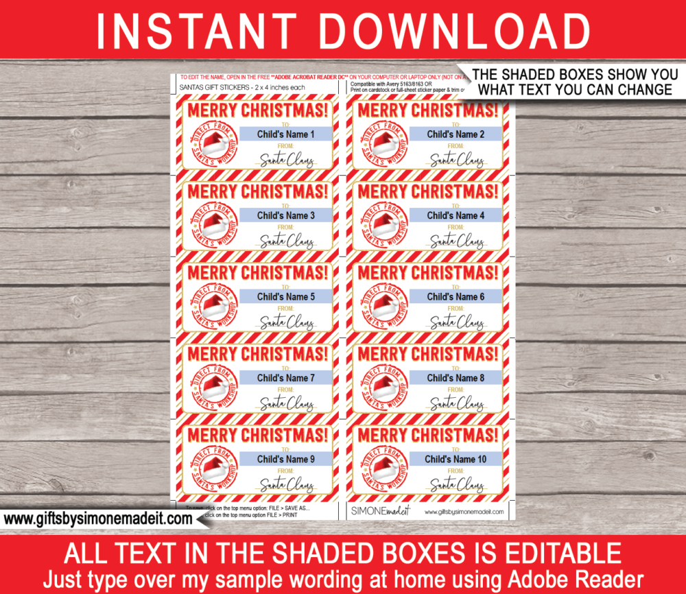 Printable Christmas from Santa Gift Labels Stickers Tags with editable text | Instant Download via giftsbysimonemadeit.com