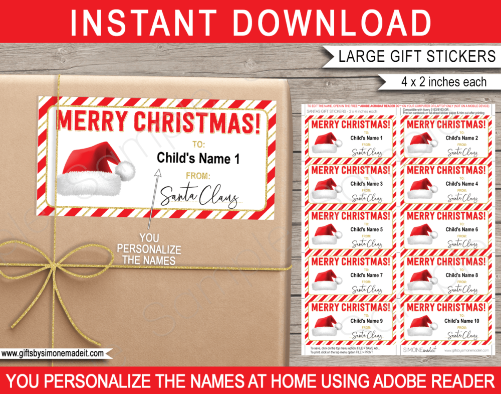 Printable from Santa Christmas Gift Labels Template | Santa's Workshop Gift Tags from Santa's Workshop in the North Pole | DIY Editable Text | INSTANT DOWNLOAD via giftsbysimonemadeit.com