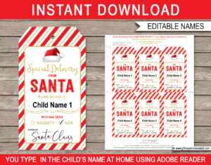 from Santa Tags Printable Template | Red & Gold | Special Delivery North Pole Labels | Printable Christmas Gift Tags from Santa's Workshop in the North Pole | DIY Editable Text | INSTANT DOWNLOAD via giftsbysimonemadeit.com