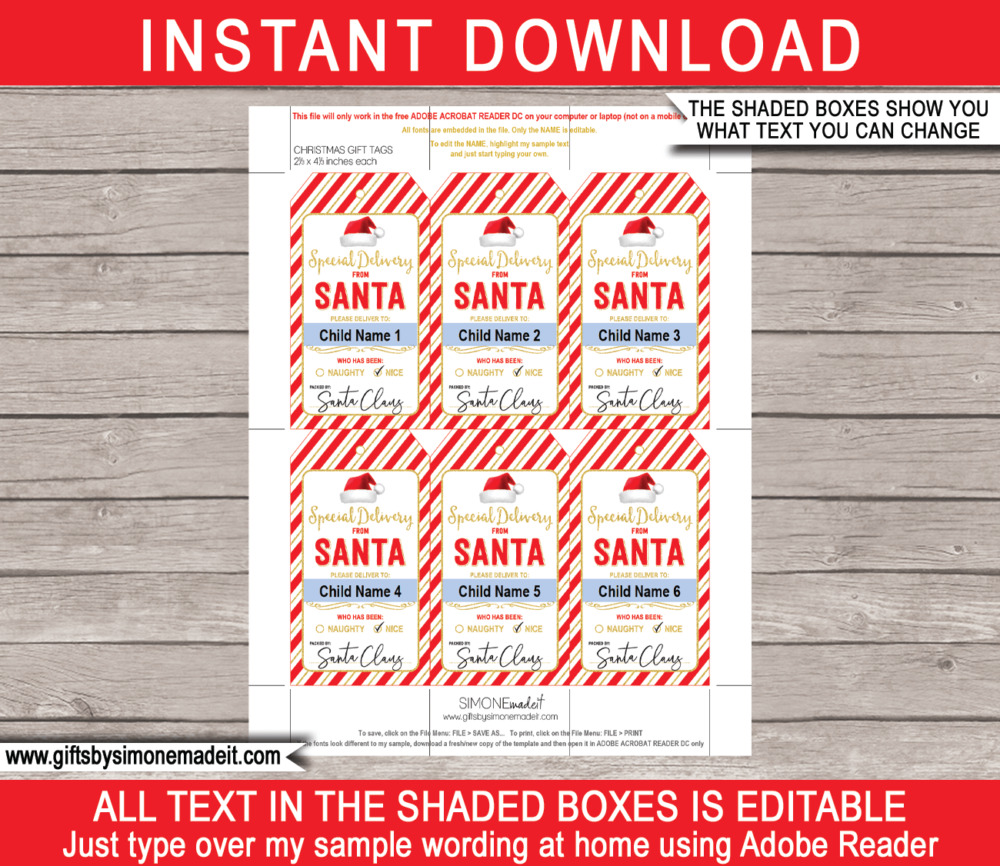 from Santa Tags Printable Template | Special Delivery North Pole Labels | Printable Christmas Gift Tags from Santa's Workshop in the North Pole | DIY Editable Text | INSTANT DOWNLOAD via giftsbysimonemadeit.com