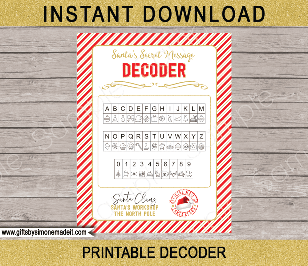 Secret Message from Santa Template, Decoder & Envelope Labels | Printable Worksheet Christmas Activity | Red & Gold | Santa's Workshop in the North Pole | DIY Editable Text | INSTANT DOWNLOAD via giftsbysimonemadeit.com