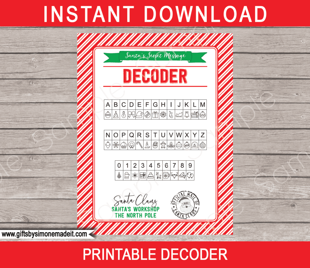 Santa Secret Message Printable Template, Decoder & Envelope Labels ​| Printable Worksheet Christmas Activity | Red & Gold | Santa's Workshop in the North Pole | DIY Editable Text | INSTANT DOWNLOAD via giftsbysimonemadeit.co