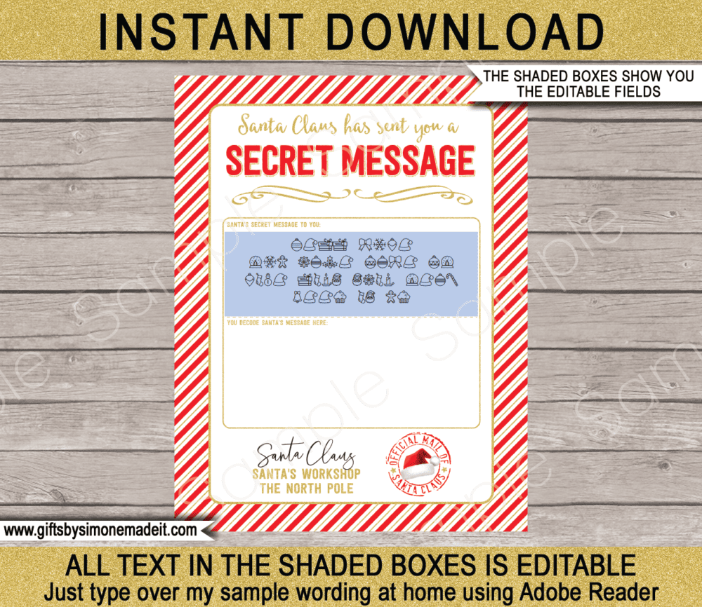 Secret Message from Santa Template, Decoder & Envelope Labels | Printable Worksheet Christmas Activity | Red & Gold | Santa's Workshop in the North Pole | DIY Editable Text | INSTANT DOWNLOAD via giftsbysimonemadeit.com