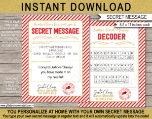 Secret Message from Santa Template, Decoder & Envelope Labels | Printable Worksheet Christmas Activity | Red & Gold | Santa's Workshop in the North Pole | DIY Editable Text | INSTANT DOWNLOAD via giftsbysimonemadeit.com