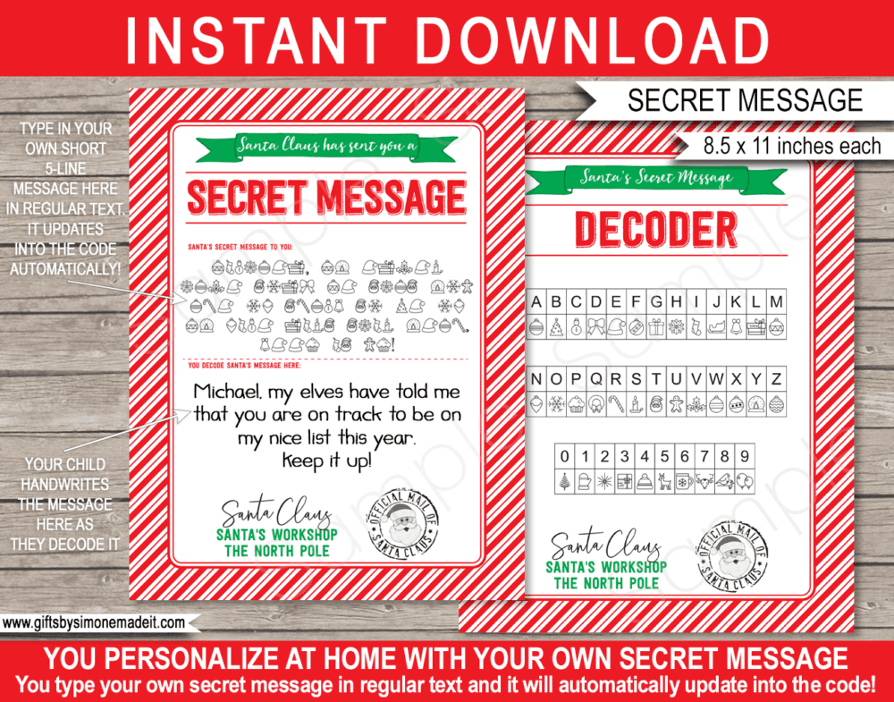 Santa Secret Message Printable Template, Decoder & Envelope Labels ​| Kids Worksheet Christmas Activity | Red & Gold | Santa's Workshop in the North Pole | DIY Editable Text | INSTANT DOWNLOAD via giftsbysimonemadeit.com