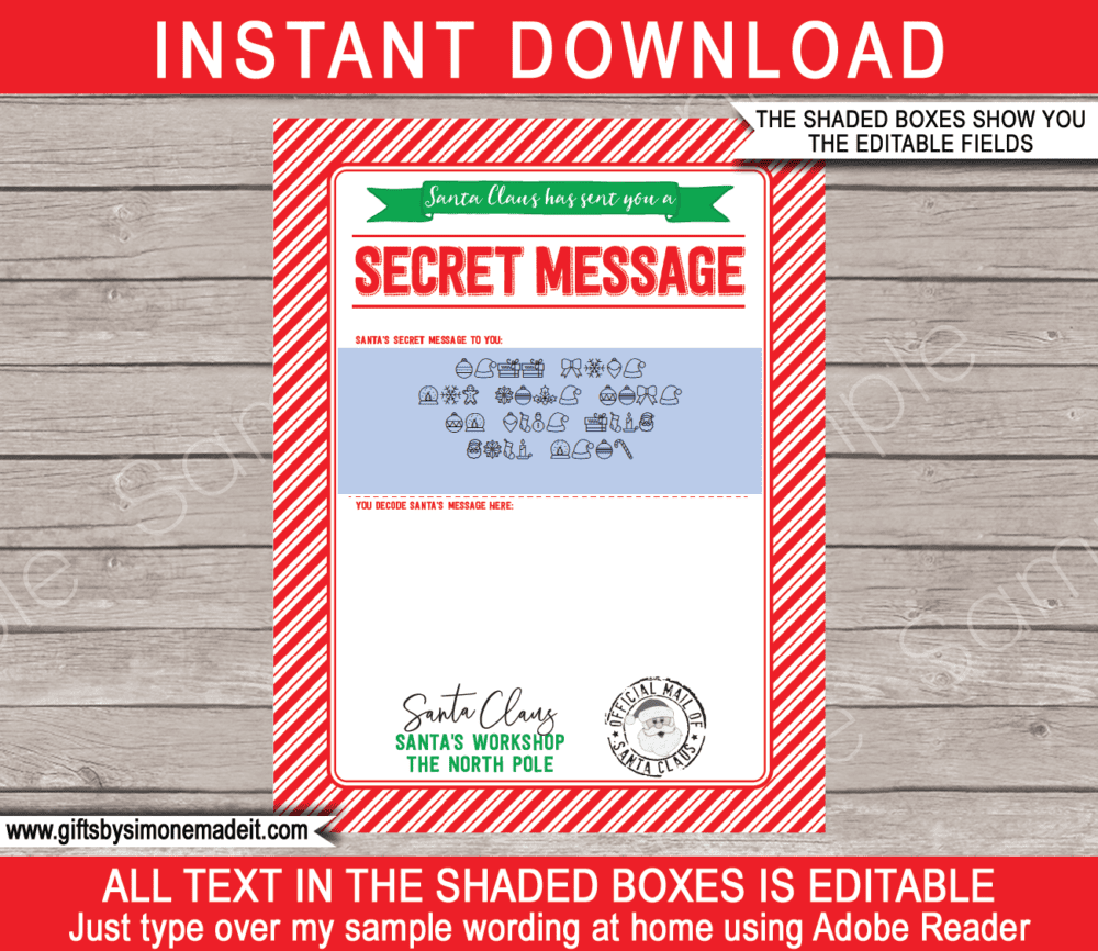 Santa Secret Message Printable Template, Decoder & Envelope Labels ​| Printable Worksheet Christmas Activity | Red & Gold | Santa's Workshop in the North Pole | DIY Editable Text | INSTANT DOWNLOAD via giftsbysimonemadeit.co