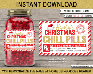 Santa's Christmas Chill Pills Label Template | Emergency RX Prescription Gift | Funny Gag Gift | Stocking Stuffer | Secret Santa | Jelly beans M&Ms, Candy Medicine | DIY Pharmacy Rx Prescription Label | INSTANT DOWNLOAD via giftsbysimonemadeit.com