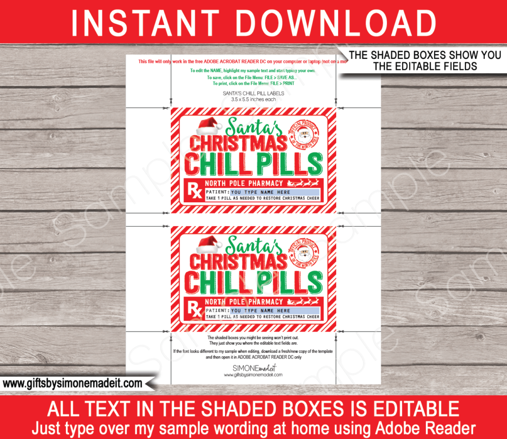 Printable Santa Chill Pill Labels Template | Christmas RX Prescription ​Gift | Funny Gag Gift | Stocking Stuffer | Secret Santa | Jelly beans M&Ms, Candy Medicine | DIY Pharmacy Rx Prescription Label | INSTANT DOWNLOAD via giftsbysimonemadeit.co