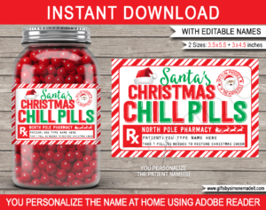 Printable Santa Chill Pill Labels Template | Christmas RX Prescription ​Gift | Funny Gag Gift | Stocking Stuffer | Secret Santa | Jelly beans M&Ms, Candy Medicine | DIY Pharmacy Rx Prescription Label | INSTANT DOWNLOAD via giftsbysimonemadeit.co