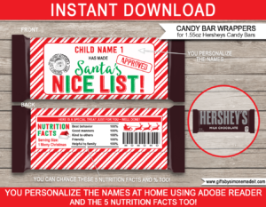 Santas Nice List Candy Bar Wrappers Template | Hersheys Christmas Label | Personalized Kids Gifts | 1.55oz Hersheys Candy Bars | direct from Santa's Candy Store | INSTANT DOWNLOAD via giftsbysimonemadeit.com
