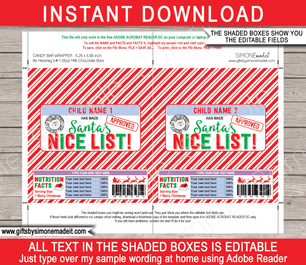 Santas Nice List Candy Bar Wrappers Template | Hersheys Christmas Wrapper | Personalized Kids Gifts | 1.55oz Hersheys Candy Bars | direct from Santa's Candy Store | INSTANT DOWNLOAD via giftsbysimonemadeit.com