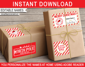 Christmas from Santa Stickers Template | Printable Gift Labels, Tags from Santas Workshop | North Pole Post Office | Christmas Sleigh Mail | DIY Editable Text | INSTANT DOWNLOAD via giftsbysimonemadeit.com