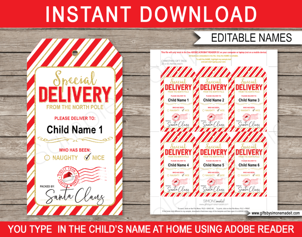 From Santa Gift Tags Template | DIY Editable & Printable Naughty Nice Christmas Tags | Special Delivery from Santa's Workshop in the North Pole | INSTANT DOWNLOAD via giftsbysimonemadeit.com