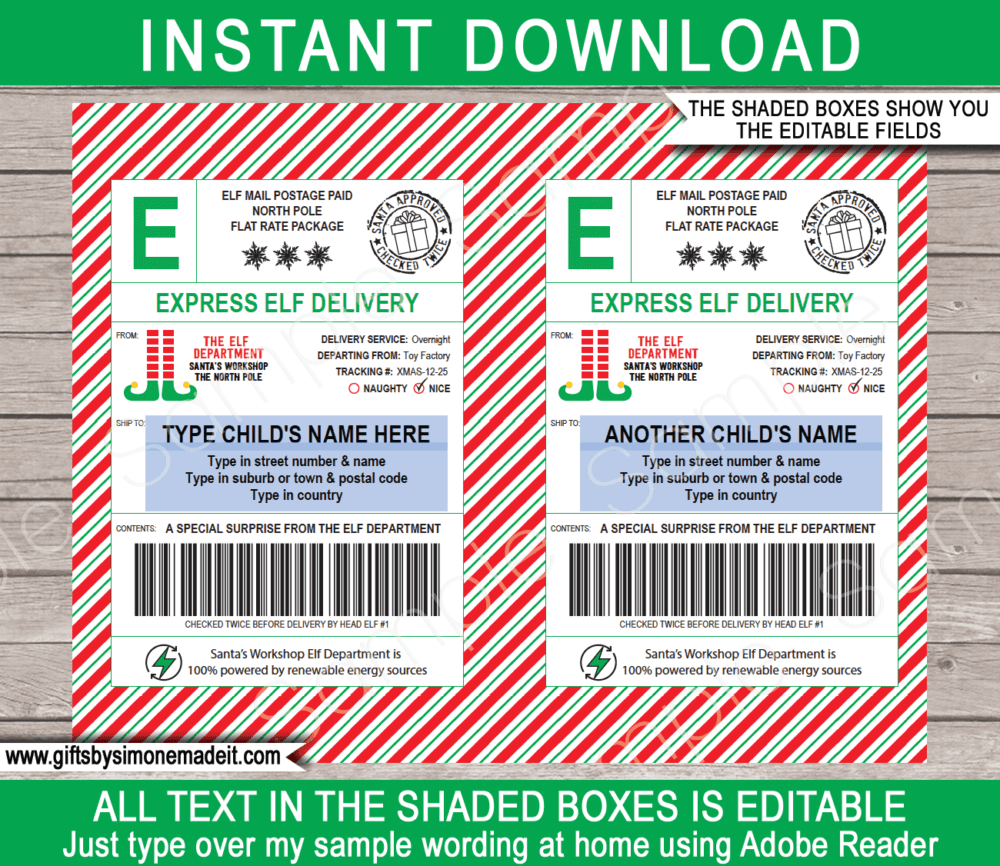 Elf Mail Shipping Labels Template | Large Printable North Pole Gift Tags | Name & Address Labels from Elf on the Shelf | Large Christmas Tags | North Pole Post Office | Santa's Workshop | DIY Custom Editable Text | INSTANT DOWNLOAD via giftsbysimonemadeit.com