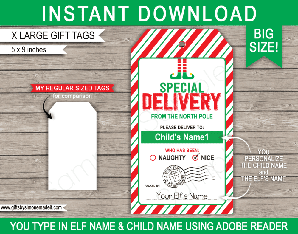 Large Elf on the Shelf Tag Template | Printable Christmas Gift Labels | Santa's Workshop | Santa Claus | DIY Custom Editable Text | INSTANT DOWNLOAD via giftsbysimonemadeit.com