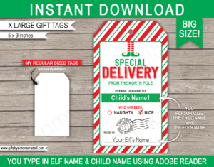 Large Elf on the Shelf Tag Template | Printable Christmas Gift Labels | Santa's Workshop | Santa Claus | DIY Custom Editable Text | INSTANT DOWNLOAD via giftsbysimonemadeit.com