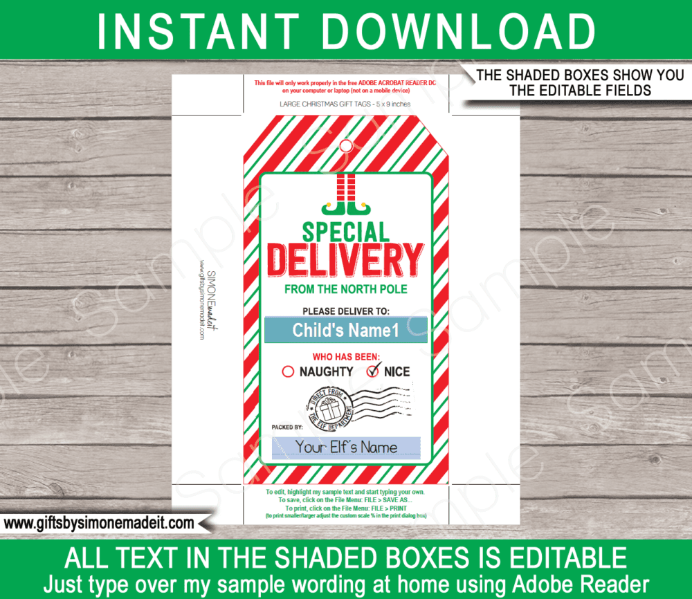 Large Elf on the Shelf Tag Template | Printable Christmas Gift Labels | Santa's Workshop | Santa Claus | DIY Custom Editable Text | INSTANT DOWNLOAD via giftsbysimonemadeit.com