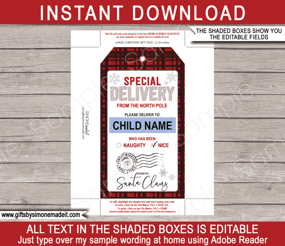 Large Christmas Santa Tag Template | Buffalo Plaid | Printable Christmas Gift Labels | Santa's Workshop | Special Delivery Gift from Santa Claus | DIY Custom Editable Text | INSTANT DOWNLOAD via giftsbysimonemadeit.com