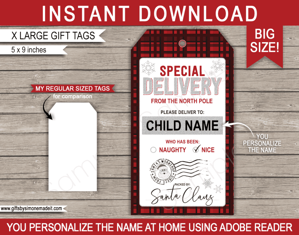 Large Christmas Santa Tag Template | Buffalo Plaid | Printable Christmas Gift Labels | Santa's Workshop | Special Delivery Gift from Santa Claus | DIY Custom Editable Text | INSTANT DOWNLOAD via giftsbysimonemadeit.com