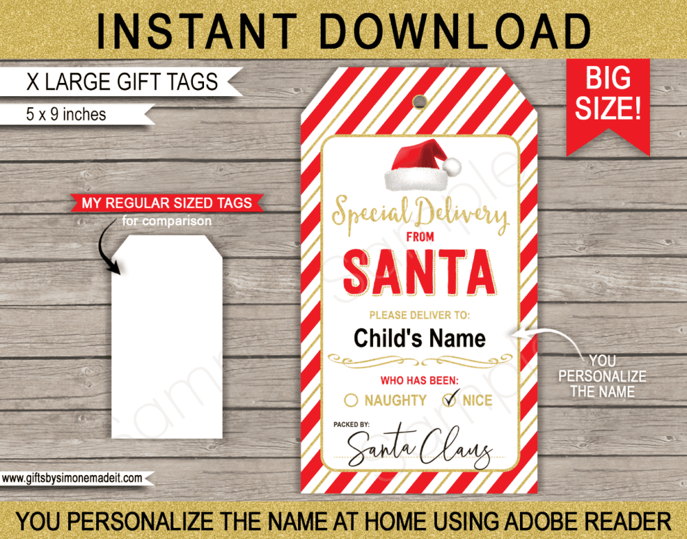 Large Santa Christmas Tag Template | Printable from Santa Gift Labels ​| Red & Gold | Santa's Workshop | Special Delivery Gift from Santa Claus | DIY Custom Editable Text | INSTANT DOWNLOAD via giftsbysimonemadeit.com