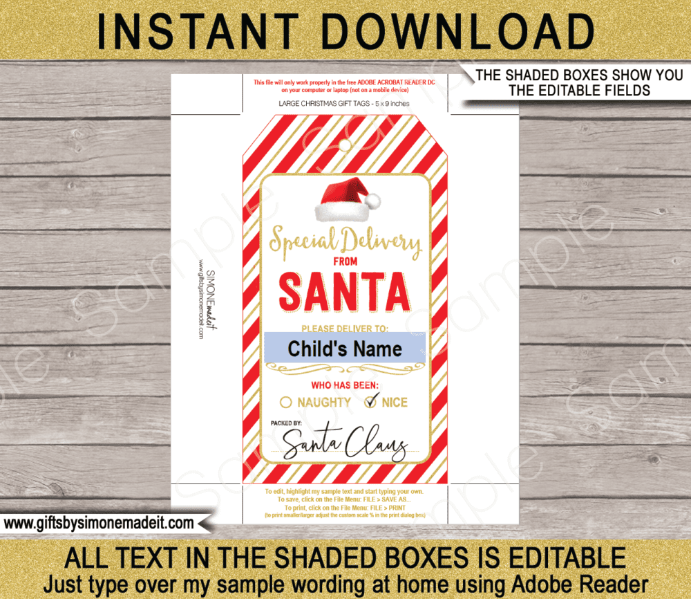 Large Santa Christmas Tag Template | Printable from Santa Gift Labels ​| Red & Gold | Santa's Workshop | Special Delivery Gift from Santa Claus | DIY Custom Editable Text | INSTANT DOWNLOAD via giftsbysimonemadeit.com