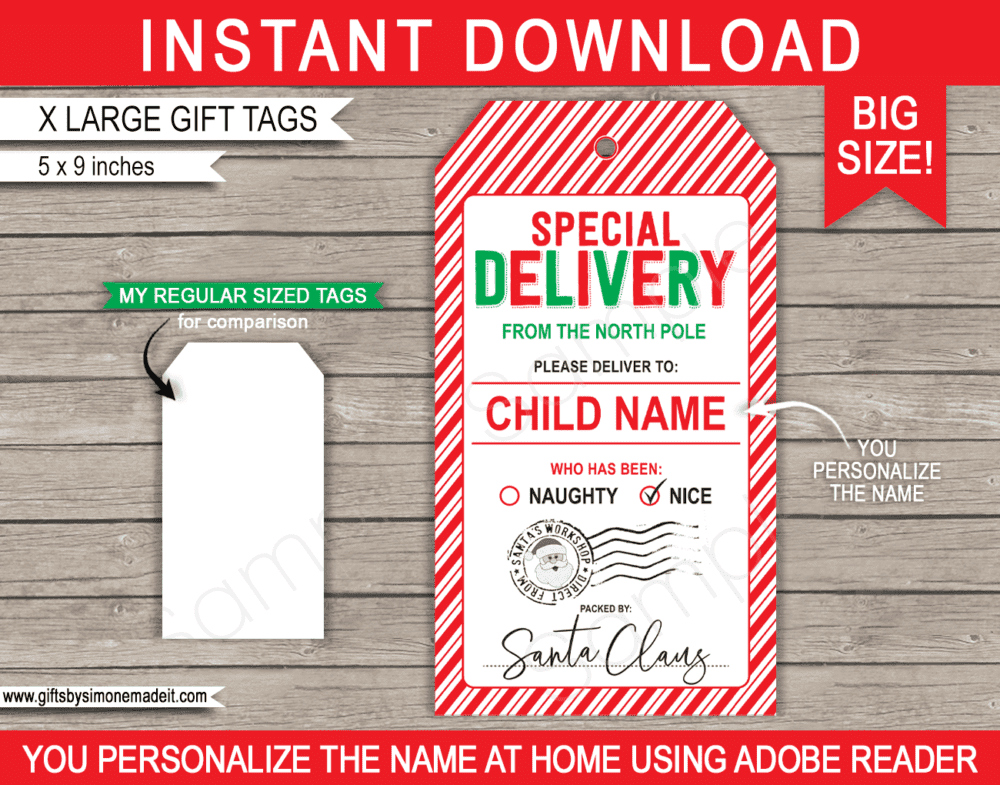 Large Christmas Tag from Santa Template | Printable Present or Gift Label ​| Special Delivery Gift from Santa'a Workshop North Pole | DIY Custom Editable Text | INSTANT DOWNLOAD via giftsbysimonemadeit.com