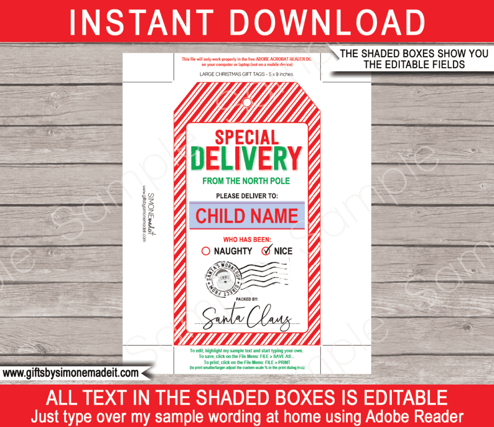 Large Christmas Tag from Santa Template | Printable Present or Gift Label ​| Special Delivery Gift from Santa'a Workshop North Pole | DIY Custom Editable Text | INSTANT DOWNLOAD via giftsbysimonemadeit.com