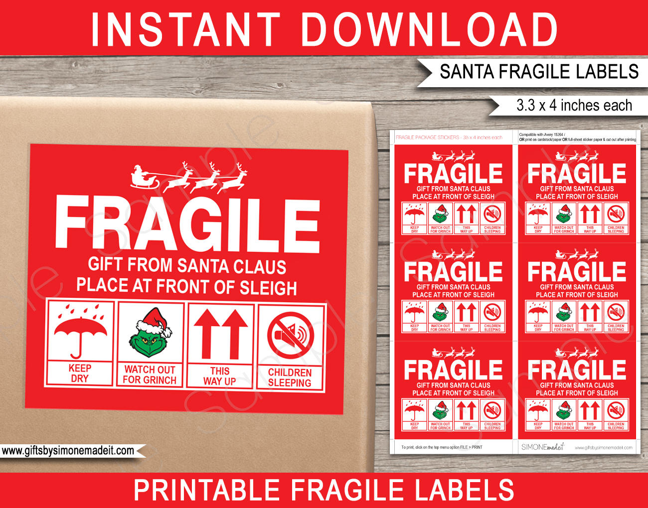 Christmas Gift Fragile Stickers Template | Printable Santa Mail Labels | North Pole Stickers Template | Santa's Workshop | Last Minute Gift Wrapping | INSTANT DOWNLOAD via giftsbysimonemadeit.com