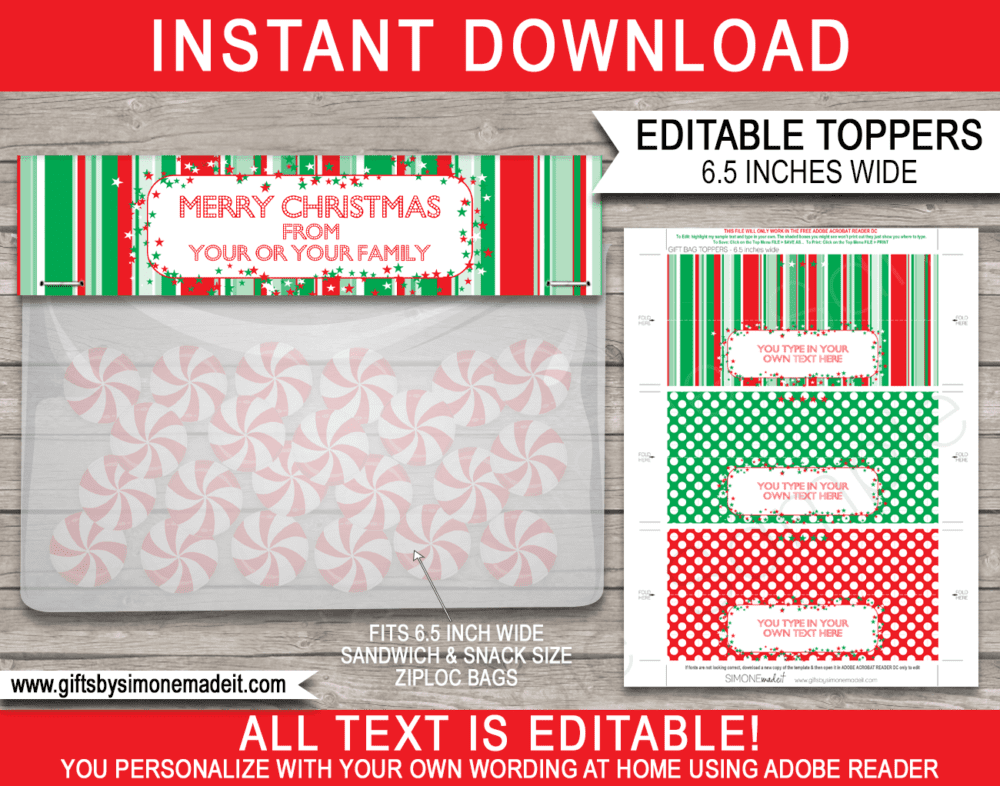 Christmas Treat Bag Topper Template | Printable Custom Gift Tags | Last Minute Christmas Gifts | DIY Editable Template | fits ZIPLOC Sandwich & Snack sizes | School Class Friends | INSTANT DOWNLOAD via giftsbysimonemadeit.com