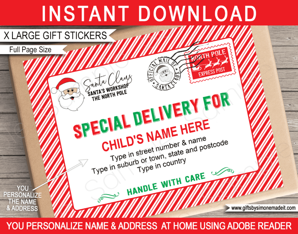 Christmas Gift Label from Santa Template | North Pole Mail Printable Tag with Editable Name & Address | Santa's Workshop | INSTANT DOWNLOAD via giftsbysimonemadeit.com
