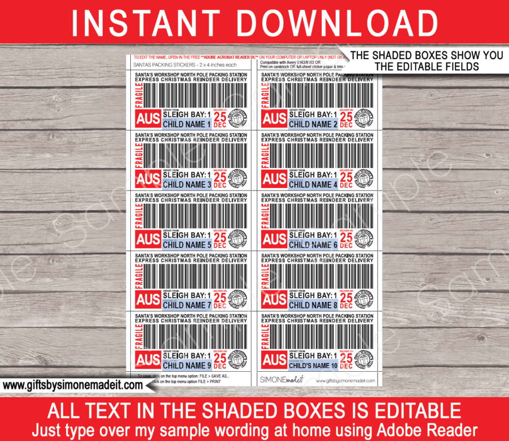 Christmas Australia Santa Packing Labels Template | Printable North Pole Shipping Notice | Santa's Workshop Name & Address Mailing Labels | DIY Editable Text | INSTANT DOWNLOAD via giftsbysimonemadeit.com