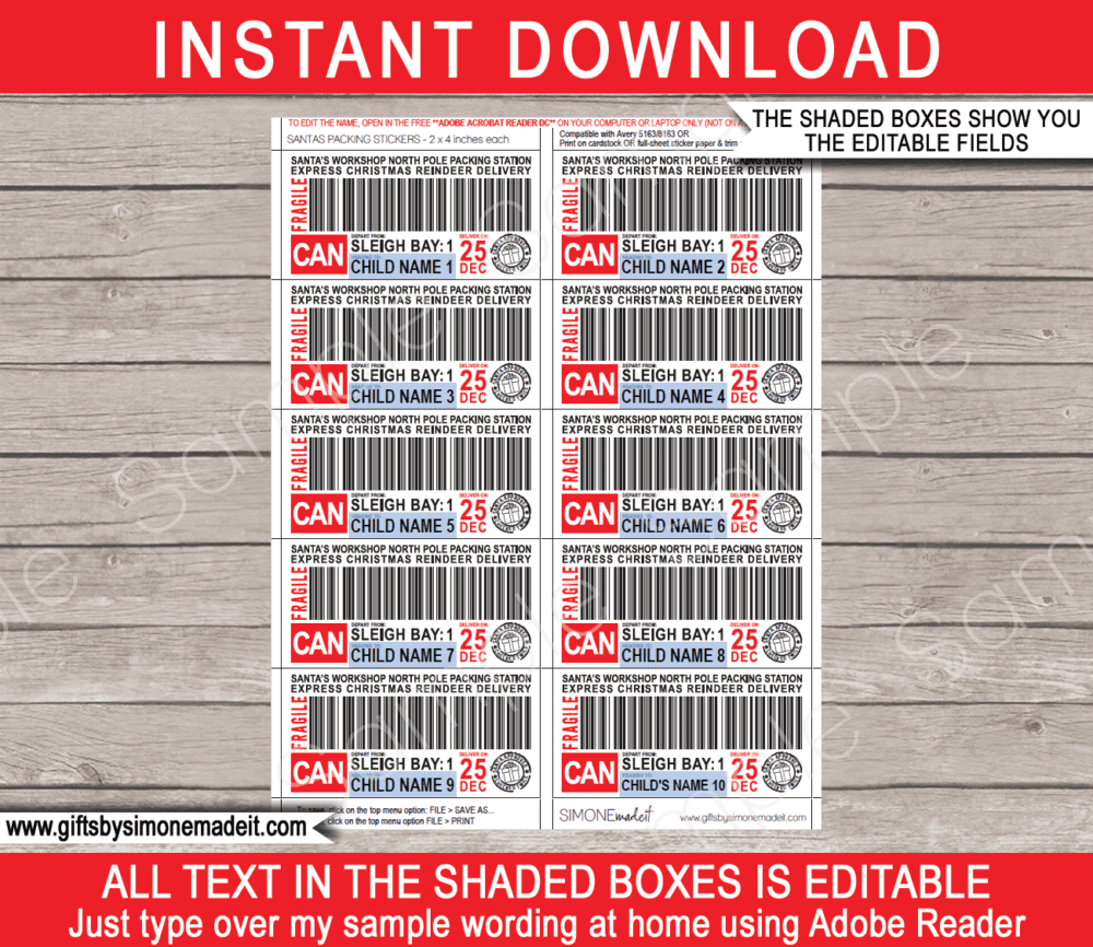 Christmas Canada Santa Packing Labels Template | Printable North Pole Shipping Notice | Santa's Workshop Name & Address Mailing Labels | DIY Editable Text | INSTANT DOWNLOAD via giftsbysimonemadeit.com